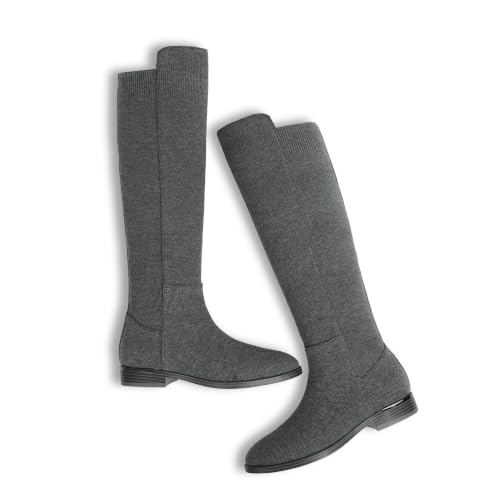 Image of Modatope Rounded Toe Flat Stretchy Dress Knee High Boots Side Zipper