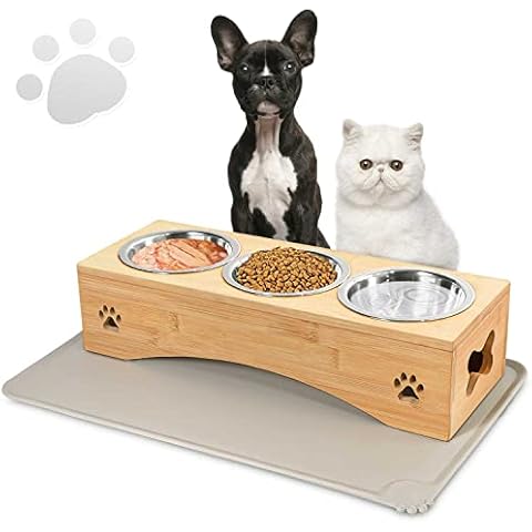 Tedsrewa Hundenapf oder Katzennapf 10 cm hoch,350ml pro Futternapf,Trocken-und Nasstrennung,Regal aus Bambus,Trockenfutternapf,Nassfutternapf,Wassernapf,mit Tischset Cover
