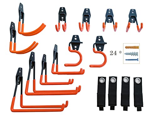Arewewell100 Garage Hooks 16 Pack 6 Styles Steel Heavy Duty Garage Storage Hooks with Anti-Slip Coating for Power＆Garden Tools Garage Organizer Wall Mount Hooks with 4 Straps and 72 Screws