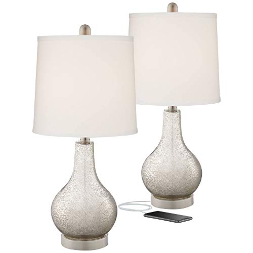 360 Lighting Ledger Modern Accent Table Lamps 21.75" High Set Of 2 With Usb Charging Port Mercury Glass Off White Drum Shade Decor For Living Room Desk Bedroom House Bedside Nightstand Home #TOP1