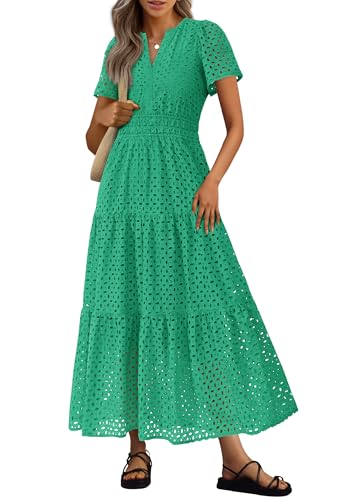 PRETTYGARDEN Womens 2026 Summer Maxi Dress Short Sleeve V Neck Hollow Out Eyelet A...