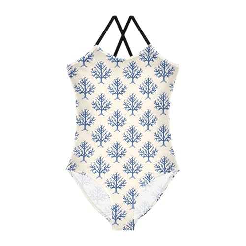 senya Girls Swimsuits One-Piece Swimwear Tie Bathing Suit Beach Summer Round Neck 7-8T Blue Coral Pattern