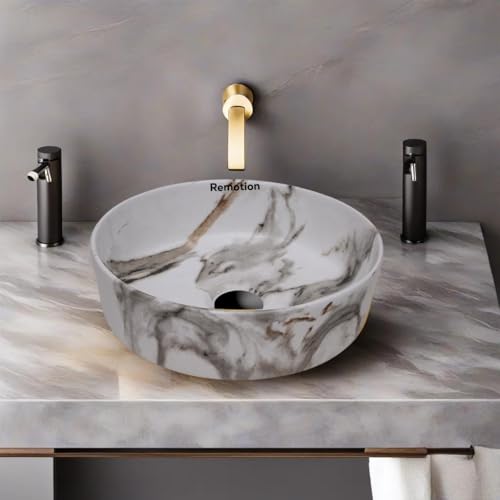 Image of REMOTION Round Countertop Wash Basin For Bathroom | Tabletop Ceramic Bathroom Sink | Wash Basin Over Counter | Wash Basin For Living Room, Resturent (12.5 x 12.5 x 5 Inch) (Designer Grey Black)