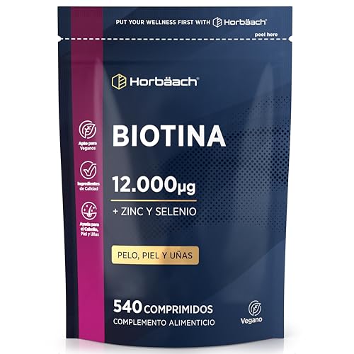 Biotina con Selenio y Zinc Complex para el Cabello 12.000 mcg | 6 Meses de Suministro - 540 Comprimidos Veganos | Complejo de Vitaminas para el Cabello Piel y Uñas | Biotin Complex | Horbaach