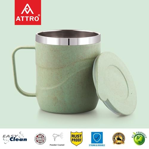 Image of ATTRO Brew Mug - Stainless Steel Inner with eco Friendly Outer Body Durable & Stylish, Microwave Safe Coffee /Tea Mug with Handle & Lid, Ideal for Home, Office, Travel & Gifting - 300ml - Pastel Green