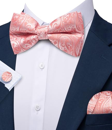 Image of Barry.Wang Paisley Striped Bow Tie for Men Silk Pre-Tied Bowtie Pocket Square Cufflinks Set Formal Wedding Party Prom