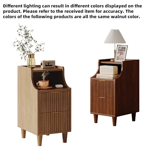 Image of Narrow Nightstand Set of 2,11.8 inch Fluted Bedside Table Set of 2, Slim Side End Table with 2 Drawers, Wooden Bedside Table, Mid Century Modern Night Stand for Bedroom Livingroom Sofa Office