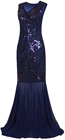VIJIV 1920s Long Prom Dresses V Neck Beaded Sequin Gatsby Maxi Evening Dress