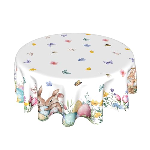 Kawani Easter Tablecloth Round 70 Inch Spring Floral Tablecloth Easter Egg Rabbit Decorative Round Table Cloth Happy Easter Table Cover Easter Decorations for Kitchen Indoor Outdoor Dining Party