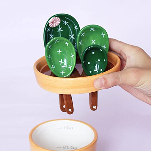 Gicey Cactus Measuring Spoons Set In Pot Ceramic Cute Small Cacti Measuring Spoons And Cups Green For Baking ,Salt , Sugar(Green） #TOP2