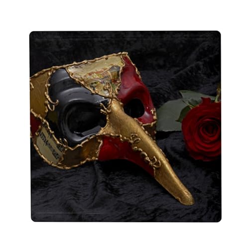 Koelkastmagneet, keramiek, vierkant, carnaval van Venetië, masker, rood, zwart en goud, Coviello Harlekijn, formaat 5 x 5 cm, decoratieve magneet voor koelkast en magneetbord, bedrukt in Frankrijk