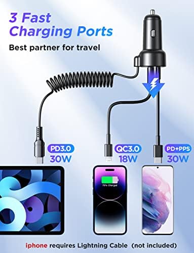 USB C Car Charger, 60W Super Fast Car Charger PD&QC3.0 &PPS Fast Charging with 5ft Type C Coiled Cable, 3 Fast Port Car Charger for Samsung Galaxy S22/21/iPhone/Google Pixel/Moto/LG/Android/iPad Pro