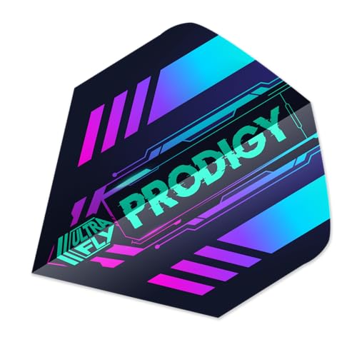 Unicorn Dart Flights Ultrafly | Prodigy | uderzający czarny turkusowy fiołkowo-niebieski design z logo nazwy modelu | kształt dużego skrzydła | trwały poliester PET 100 mikronów | zestaw 3 szt