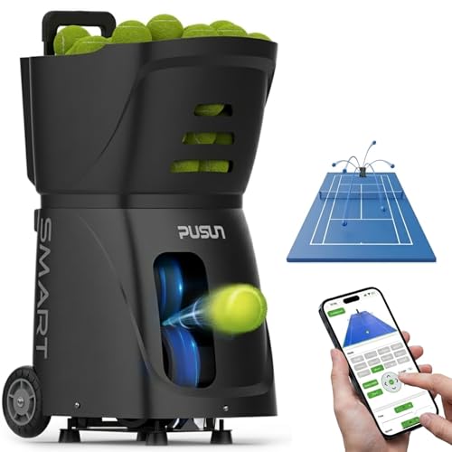 PUSUN PT-Smart Tennis Ball Machine: App Control,12 Drills,6-Level Spin,28-Pt,14 Padel Modes,75 MPH,32.6 lbs,100+ Ball, 5H Battery, Portable, for Fitness,Coaches,Solo Practice,Pros,School (Black)