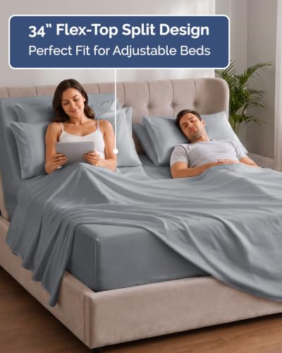 Image of Extra Deep Flex Top Split Head King Sheet Set - 6 Piece Breathable and Cooling Sheets - Hotel Luxury Bedding for Women, Men, Kids & Teens - Easy Secure Fit - Extra Deep Pockets - Steel Blue