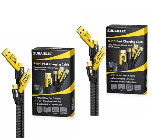 (2 Pcs) 4-in-1 Nylon Braided Indestructible Cable | 110cm, 60W Fast Charging | Lightning to Type C, Type C to C, Lightning to Type A | Compatible with iPhones, iPads, MacBooks, Type-C Laptops