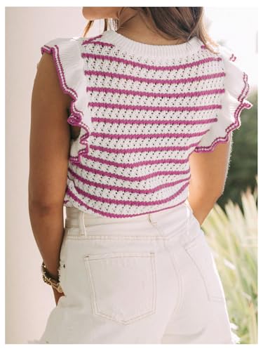 Verdusa Women's Striped Sweater Cap Sleeve Hollow Out Knit Tops Lightweight Sweater Vest2