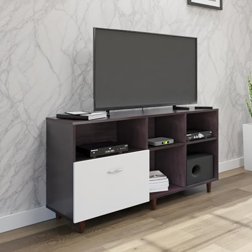 Image of VIKI Modern TV Unit for Living Room | Engineered Wood TV Cabinet with 1 Drawer Storage & 3 Open Shelves, Entertainment Unit, 140W x 74H x 40D cm | DIY | 1 Year Warranty (Wenge & White)