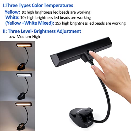 Rechargeable Music Stand Light, 19 Leds Clip On Reading Light - 3 Level Brightness Settings, 3 Color Temperature Optional (Warm/Cool White/Natural Light Color), Perfect For Piano, Reading, Sewing #TOP1