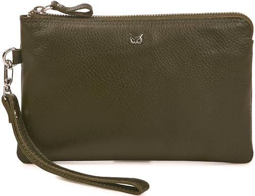 Wise Owl Accessories Genuine Leather Wristlet Wallet for Women Clutch Handbag Purses for Cell Phone Keys Coins Credit Card Slots (Olive Nappa)