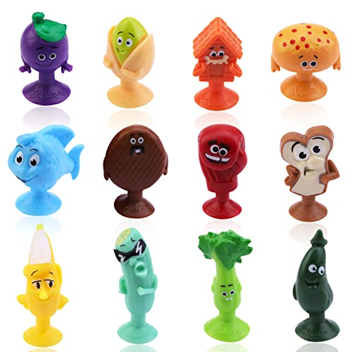 12 piezas de silicona juguetes de succión Adornos de decoración Juego de juguetes para el estrés Soporte para teléfono móvil Forma de frutas y verduras Juguetes de ventosa Juego interactivo multicolor