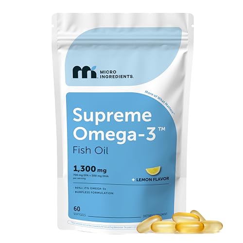 Micro Ingredients Supreme Omega-3 Fish Oil w/Ultra High EPA & DHA, Burpless Softgels | rTG Omega-3 with Vitamin D3 | Wild-Caught Cold Deep-Sea Water |