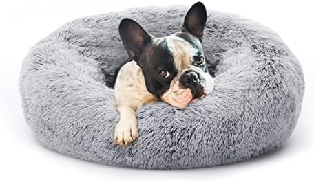 Eterish 23 inches Fluffy Round Calming Dog Bed Plush Faux Fur, Anxiety Donut Dog Bed for Small Dogs and Cats, Pet Cat Bed with Raised Rim, Machine Washable, Light Grey