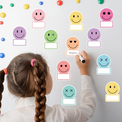 Image of Whaline 135Pcs Pastel Smile Face Name Tag Stickers 9 Designs Nameplate Decals Cute Desk Name Label for Back to School Classroom Bulletin Board Office Wall Decor