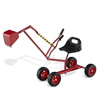 COSTWAY Kids Sand Digger, Sit on Excavator Toy with 4 Wheels, 2-Handed Controls, Flexible Shovel, 360° Rotatable Seat, Outdoor Construction Excavator for 3+ Years Old (Red+Black, 123x40x66cm)