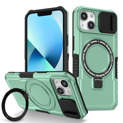 Yarxiawin Phone Case for iPhone 13 with Ring Stand Magnetic Black fits Wireless Charger, Camera Lens Protector Cover for iPhone 13 Case Shockproof Anti-Slip (Green)