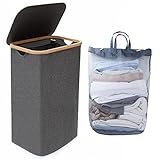 Kerhouze 110L Wäschekorb mit Deckel Grau Wäschesammler Wäschetonne Raumspar Wäschebox Stoff mit Bambusgriffen für Kleidung, Schlafsaal