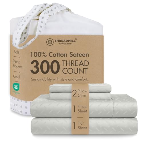 Image of Threadmill 300TC Cotton Queen Sheet Set, Sateen, Jacquard, Light Grey | 100% Cotton, Sateen Weave, Jacquard Pattern, 4-Piece Set, 16 inch Deep Pocket, Cooling, OEKO-TEX Certified, Machine Washable