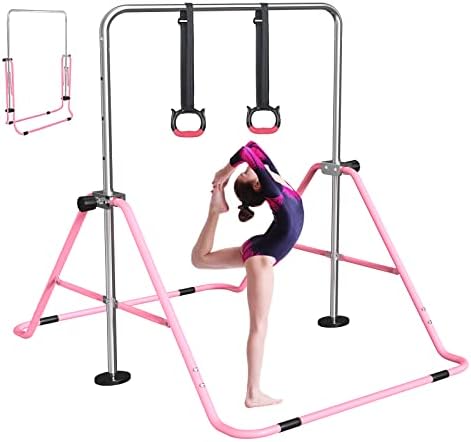 FBSPORT Gymnastikstange Kinder Reckstange Indoor Outdoor Höhenverstellbar | 5 Höhenstufen Turnstange, faltbar & platzsparend, inkl. Gymnastikringe, hohe Belastbarkeit, Tragkraft 64