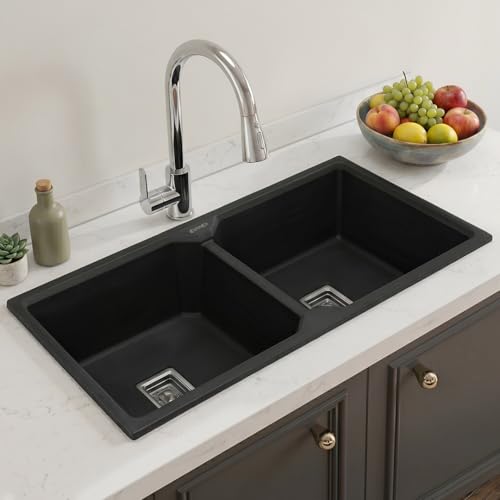 Image of EVANEX Quartz Kitchen Sink|Double Bowl Sink for Kitchen|Topmount /Undermount Kitchen Sinks|Black Double Sink with Connector, Waste Pipe, Coupling and Drain Basket|45x20x9 Granite Kitchen Sinks