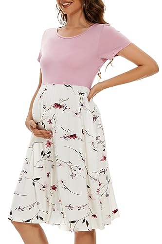 Image of WOOXIO Women's Short Sleeve Maternity Dress Patchwork Pregnancy Clothes with Pockets