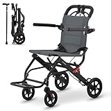 YLOVABLE くるまいす車椅子 折りたたみ 軽量車椅子 折畳み 自立できる ノーパンクタイヤ コンパクト 安全ベルトつき 背面ポケット グレーブラック つえ付き