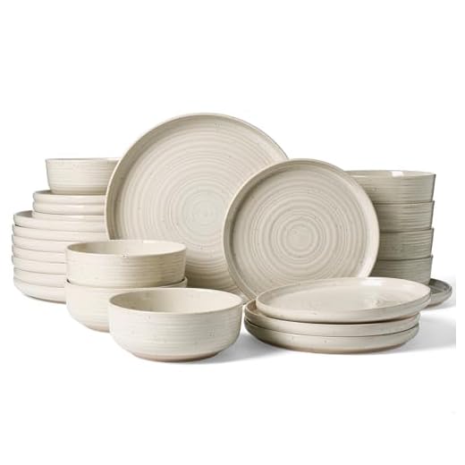 Famiware Premium Stoneware Dinnerware Sets, Plate and Bowl Sets for 8, 24 Pieces Spiral Flared Dishware Set with Speckles & Reactive Glaze - Microwave and Dishwasher Safe Tableware, Shell Beige