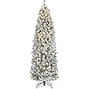 Yaheetech 75ft Pre lit Snow Flocked Pencil Christmas Tree Kingswood Fir Hinged Slim Skinny Corner Xmas Tree with 350 Incandescent Warm White Lights 1086 Snow Branch Tips White