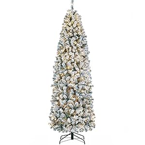 Yaheetech 75ft Pre lit Snow Flocked Pencil Christmas Tree Kingswood Fir Hinged Slim Skinny Corner Xmas Tree with 350 Incandescent Warm White Lights 1086 Snow Branch Tips White