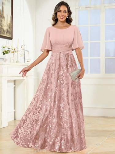 TORYEMY Long Mother of The Bride Dresses for Women Lace Sequin Formal Wedding Guest Dress with Sleeves3
