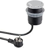 Tisch-Einbausteckdose: max. 3.500 Watt Anschlussleistung (16 A) • Für Tischplatten mit 10 - 45 mm Stärke • Stromversorgung: 230 V, Kabellänge: 185 cm
