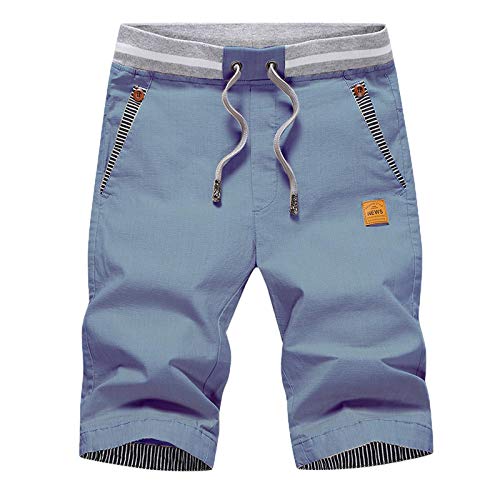 JustSun Pantalones Cortos Hombre Verano Shorts Lino Algodon Casual Chino Pantalon Corto Cintura Elastica Azul Vaquero M