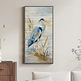 Framed Vertical Blue Heron Living Room Wall Art, Large Vintage Bird Picture Artwork for Walls, Coastal Heron Farmhouse Vertical Canvas Print for Office Kitchen Foyer Stair Hallway Wall Decor, 20x40 In