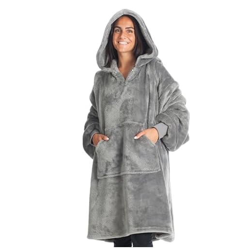 Kangurone Manta Sudadera con Capucha, de Felpa, Oversize, Hoodie Fluffi, Bata con Capucha, 100% Microfibra, Gris (Grey), Talla Adulto, 90x95cm. Regalo Mujer, batamanta, Manta Sofa, Sudadera Manta