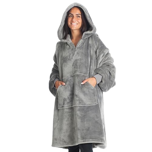 Kangurone Manta Sudadera con Capucha, de Felpa, Oversize, Hoodie Fluffi, Bata con Capucha, 100% Microfibra, Gris (Grey), Talla Adulto, 90x95cm. Regalo Mujer, batamanta, Manta Sofa, Sudadera Manta