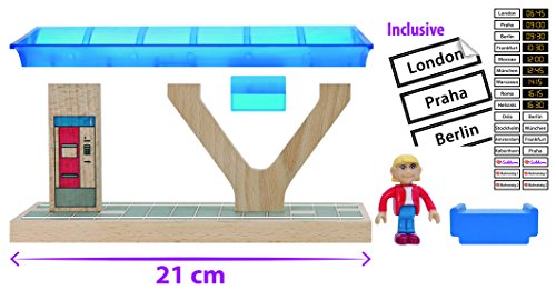 Eichhorn 100001505 - Bahnsteig 8x20x10cm, mit Hinweistafel, Sitzbank, Figur FSC 100% Zertifiziertes Buchenholz – Bild 4