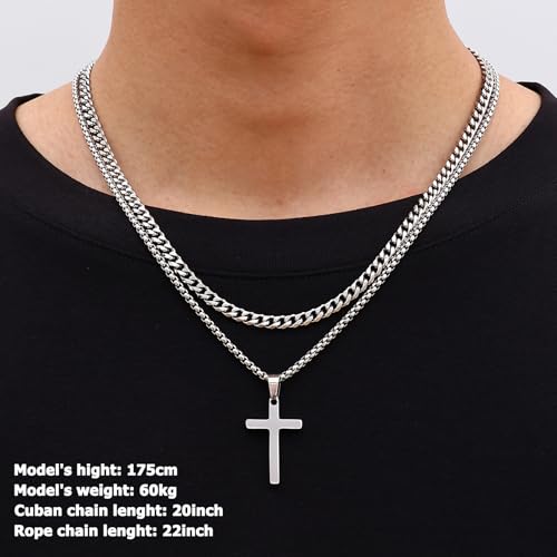 Fiusem 2 Pcs Cross Chain Necklace for Men and Women, Silver/Gold/Black Layered Mens Cross Necklaces Stainless Steel Cross Pendant with Cuban Link and Box Chain 16-26 Inch2