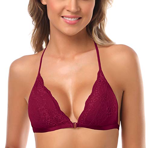 Image of SHEKINI Women's Lace Bra Wireless Padded Triangle Bralettes for Women Front Closure Halter Bras for Women