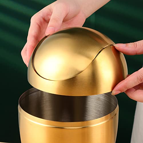 Image of Mini Desktop Trash Can with Swing Lid 18 /10 Stainless Steel Counter Top Garbage Bin Egg Shaped Metal Waste Bin (Orange Red, 0.4 Gallon)
