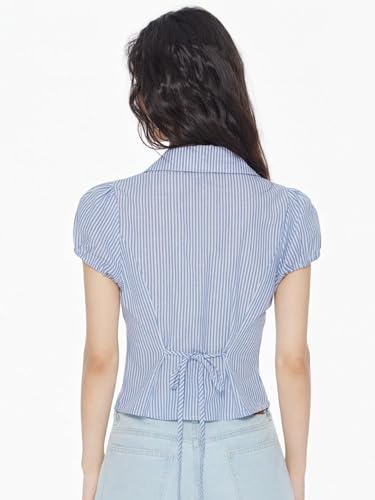 Image of Women V-Neck Puff Sleeve Crop Top with Back Tie-Up Detail (in, Alpha, M, Regular, Striped Blue)